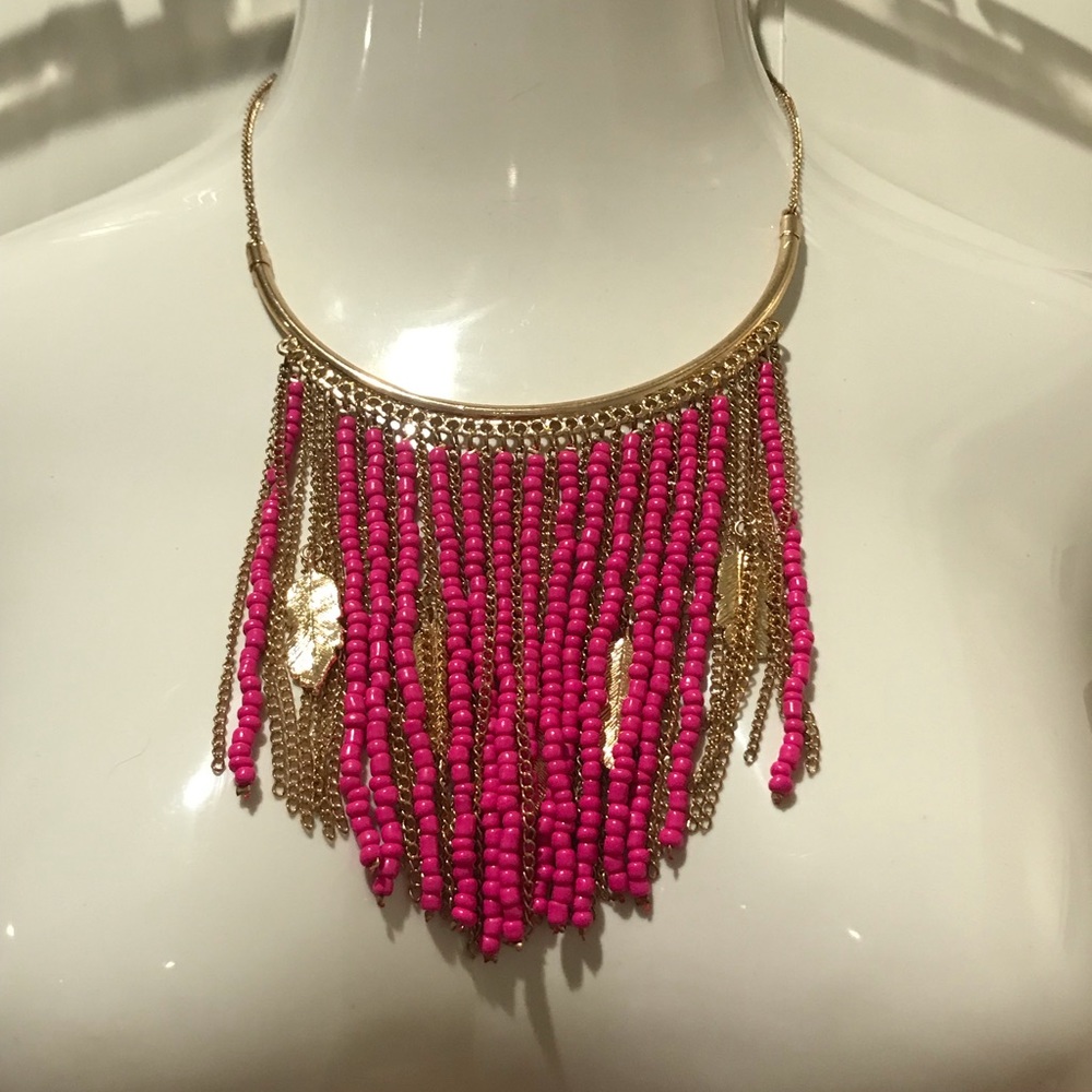 Pink Fringe Statement Necklace & Earrings